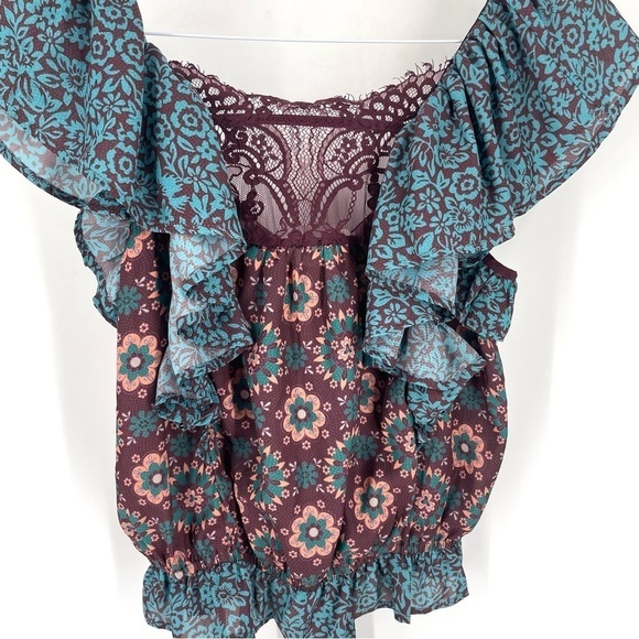 ANTHROPOLOGIE Porridge Gathered Lace Blue Pink Boho Ruffle Multi Pattern Blouse - Picture 5 of 9